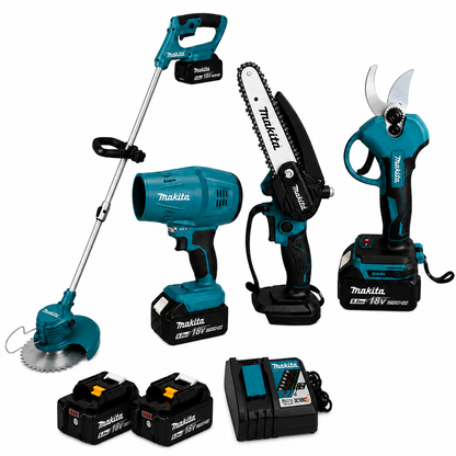 Makita Σετ Κήπου 18V 6 Τεμάχια – Φυσητήρας, Χορτοκοπτικό, Mini Αλυσοπρίονο & Ψαλίδα Κλαδέματος με 2 Μπαταρίες